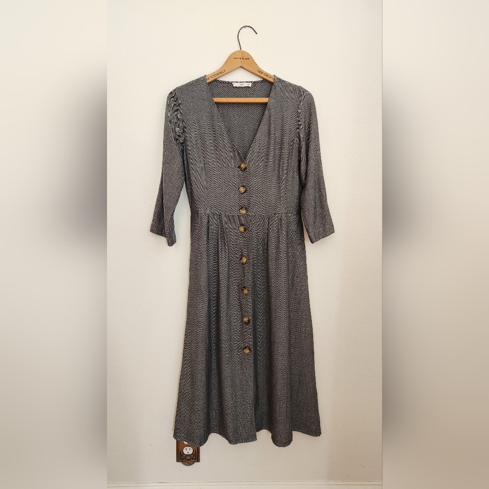 MNG Mango Grey Herringbone Midi Dress Pockets SMALL US 4